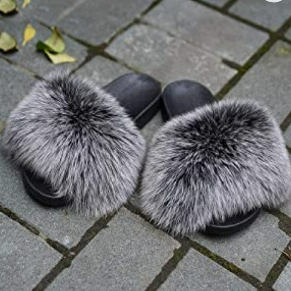 Plush Black Frost Faux Fur Slides